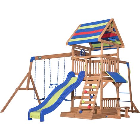 Aire de jeux en bois 429x438x300cm – Cèdre tropical – 2 balançoires réglables – Toboggan 244cm – Bac à sable et espace snack-bar – Backyard Discovery