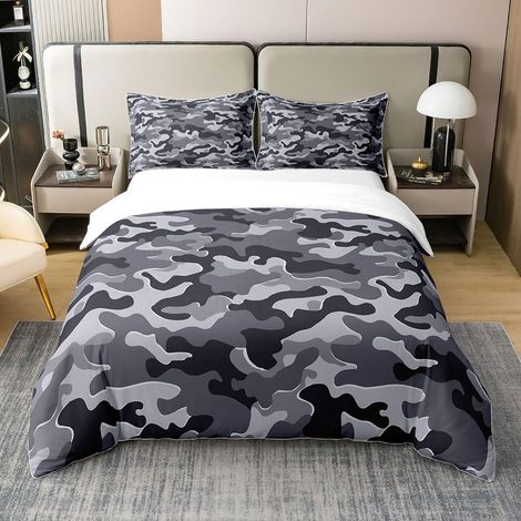 Camouflage Noir Gris 100% Coton Housse de Couette 140x200cm Camouflage pour Enfants Parure de Lit garçons Filles Style Militaire Literie Set Ensemble de Literie - 140 x 200 cm + 1 taie d'oreiller 65 x (1/5)