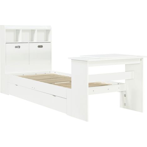 Lit simple 90x200 cm avec rangement, table rabattable et tête de lit blanche (1/5)