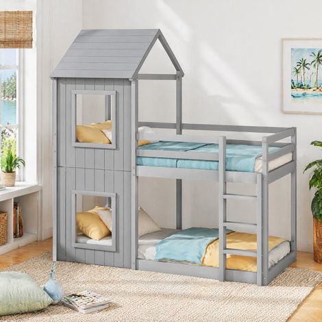 Cama infantil superpuesta 90 x 200 cm de pino y MDF con escalera y techo, gris HAVRYA (1/5)