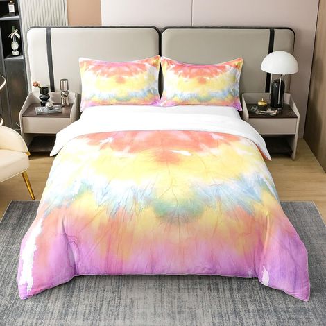 Housse de couette 100 % coton - 155 x 220 cm - Style bohème hippie - Jaune orange - Tourbillon - Cravate batik - Bleu clair et blanc - Abstrait arc-en-ciel - Housse de couette avec 1 taie d'oreiller (1/5)
