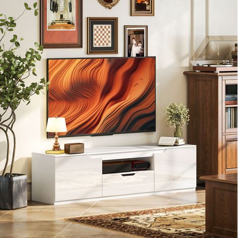 MEUBLIV Mueble TV 160 cm blanco – 2 puertas, 1 cajón, pasa-cables integrado (1/5)