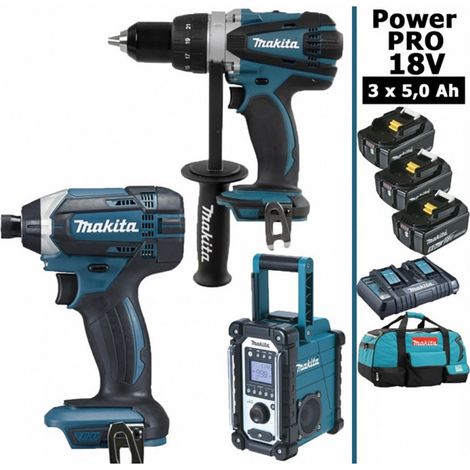 Makita – Pack de 3 outils électroportatifs 18V – Perceuse 91Nm DDF458 – Visseuse à chocs 165Nm DTD152 – Radio DMR108 – 3 batteries 5Ah – Sac de transport (1/5)