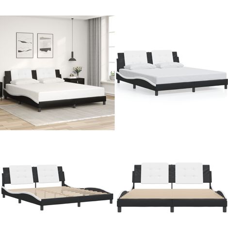 Bettgestell mit Kopfteil Schwarz und Weiß 180x200 cm Kunstleder - Bettstellengestell - Doppelbett - Schlafzimmermöbel - Kunstlederbettwäsche - Boxspringbett - Home & Living (1/5)