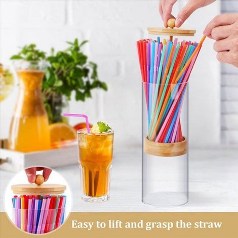 Distributeur De Pailles - Support Acrylique Et Couvercle En Bois Pour Pailles Standard De 21 Cm - Comptoir Cuisine Bar Restaurant - 2 Pièces (1/5)