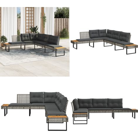 Gartensofa in L-Form mit Kissen Grau Poly Rattan und Akazie - Gartensofa - Outdoor-Möbel - Lounge Set - Rattan-Sofa - Gartenmöbel - Home & Living (1/5)