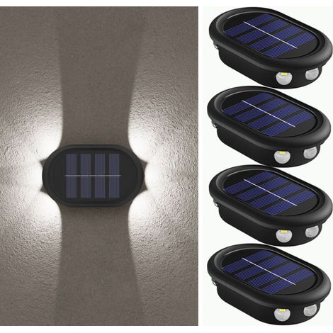 Lot de 4 appliques solaires d'extérieur à 6 LED, éclairage haut et bas, étanches, pour terrasse, clôture, jardin, escalier, décoration extérieure, blanc froid (1/5)
