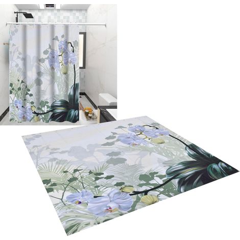 Duschvorhang mit Blumenmuster, wasserdicht, aus Polyester, mit Haken, 180 x 200 cm (1/5)