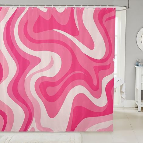 Rideau de Douche Rose Fuchsia 280 x 200 cm, Style rétro Preppy Abstrait ondulé années 70-80, imperméable, avec Crochets (1/5)