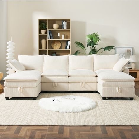 Sofa modular aus Cord Beige 280x151x82 cm, L-/U-Form mit 2 Hockern, USB und Stauraum (1/5)