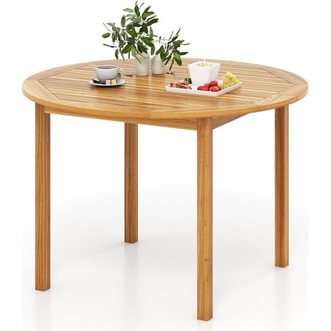 GOPLUS Table à Manger Ronde en Bois d'Acacia, Grande Table de Cuisine pour 4 Personnes avec Plateau à Lattes, Table Ronde Classique Intérieure/Extérieure pour Jardin et Salle à Manger, Charge 75KG (1/5)