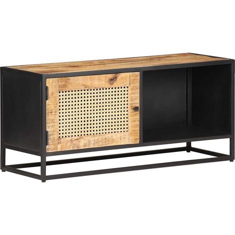 vidaXL Meuble TV 90x30x40 cm Bois de manguier brut et canne naturelle (1/5)