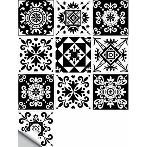 10 Pièces Stickers Carrelage 15x15cm Classique Noir et Blanc Marocain Carrelage Adhésif Mural Cuisine Salle de Bain Carreaux de Ciment Mural Décoration, BLOW (1/5)