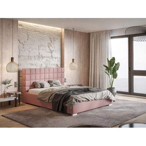 Lit rembourré avec rangement 160x200 velours rose Terra (1/5)