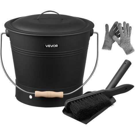 VEVOR Seau a cendres, 4 pieces, seau a charbon de bois et cendrier en metal avec couvercle, pelle, balai et gants, grande capacite de 9,8 L pour cheminee, foyers, poeles a bois, interieur et exterieur (1/5)