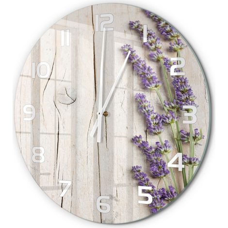 Horloge Murale Ronde Lecture Facile Verre Trempé Silencieuse Chiffres Lisibles Lavande sur bois fi 60 cm (1/5)
