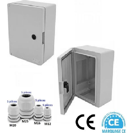 Coffret électrique étanche IP65 - 280 x 210 x 130 mm livré avec plaque de fond et 20 Presses étoupe