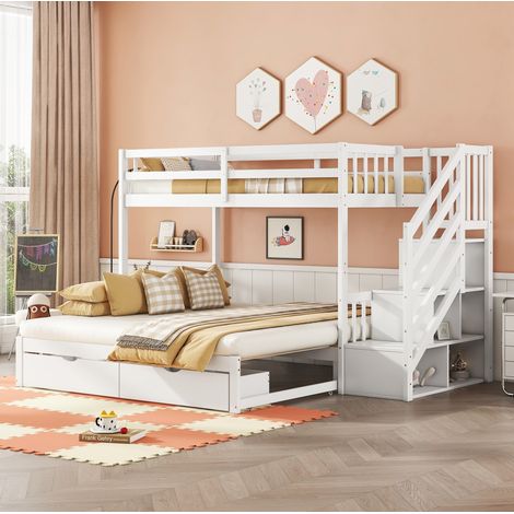 Litera de madera de pino y MDF blanca 90x200 cm con cama nido extraíble, escalera con almacenaje y 2 cajones (1/5)