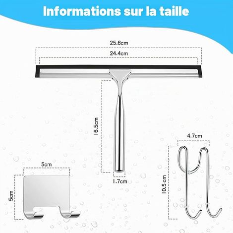 25cm Stainless Steel Shower Squeegee with 2 Silicone Lips, Window Squeegee with Self Adhesive Hook, Clean Bathroom, Kitchen, Windows (1/4)