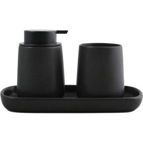 Lot de 3 accessoires salle de bain en céramique, noir mat, distributeur savon + gobelet + plateau, design épuré