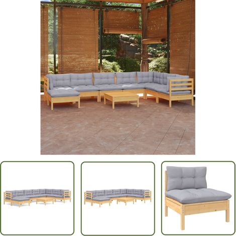 The Living Store Salon de jardin 9 pcs avec coussins gris bois de pin massif - Salon De Jardin - Mobilier De Jardin - Ensemble Salon De Patio - Meubles De Jardin - Bois De Pin (1/5)
