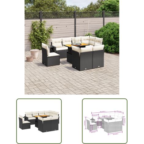 The Living Store 9-tlg. Garten-Sofagarnitur mit Kissen Schwarz Poly Rattan - Gartenmöbel - PE-Rattan Möbel - Outdoor Set - Lounge Set - Sofasatz
