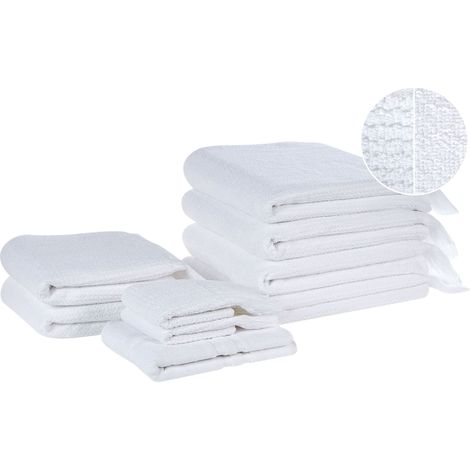 Set di 9 asciugamani bagno in spugna di cotone bianco con nappe decorative Atiu