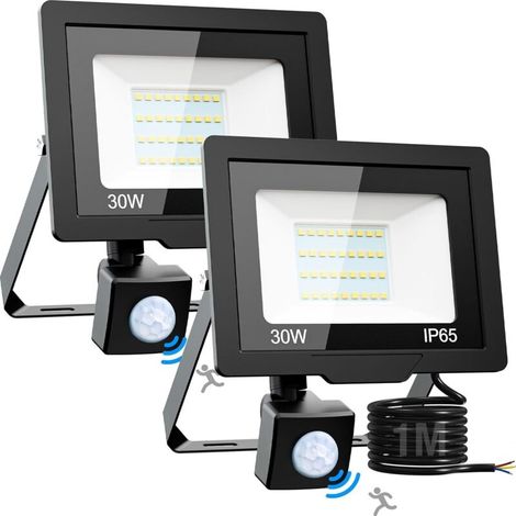 Foco LED exterior con sensor de movimiento – 2 unidades, 30 W, 3000 lm, IP65, blanco frío 6500 K, para jardín, patio y garaje.