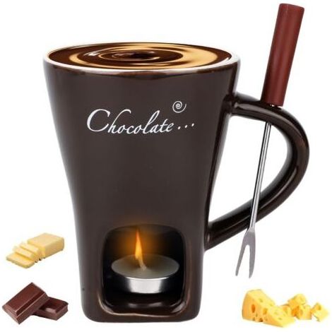 Service à fondue en céramique Karteo Marron Foncé avec fourchette et bougie chauffe-plat pour chocolat fromage soirée romantique (1/5)