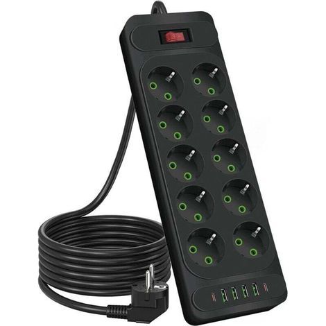 Multiprise 10 prises 2500 W avec interrupteur, rallonge de 1,8 m, pour smartphones et tablettes, noir (1/4)