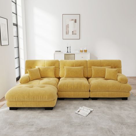 Canapé d’angle modulable en chenille jaune avec chaise longue et pouf (1/5)