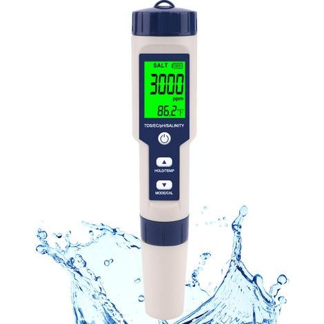 Medidor de salinidad y pH para piscinas, medidor digital de salinidad y pH para piscinas de agua salada y potable, medidor 5 en 1 de salinidad, pH, temperatura, CE y TDS para piscinas y spas, alta pre (1/5)