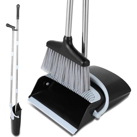 Set Balai et Pelle - Pelle avec Manche Long 138 cm - Plastique et Acier Inoxydable - avec Manche Télescopique en 8 Parties - pour Nettoyage de Maison, Bureau, Terrasse (Noir-Blanc) (1/5)