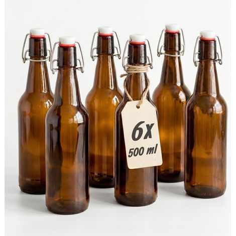 Relaxdays Flaschen zum Befüllen, 6er Set, Einmachflasche, Bügelverschluss, Glasflasche für Öl, Schnaps, Saft, braun
