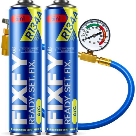 FIXFY 5in1 Klimaanlage Nachfüllset 2x GROSSE DOSE 500ml + Schlauch mit Manometer R134a (1/5)