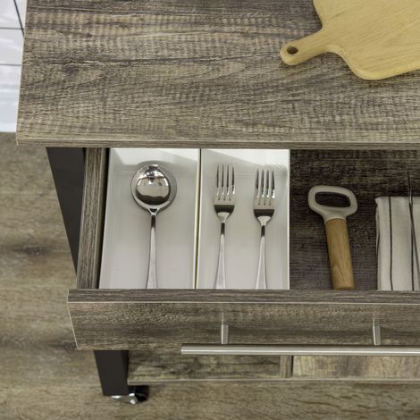 Armoire roulante de cuisine 60x50x84.5cm en panneaux de particules chêne, avec tiroir, étagères, placard et 4 roues pivotantes pour le rangement. (1/5)