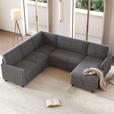 U-Ecksofa mit Schlaffunktion, grauer Rippenstoff, 274 x 220 x 85 cm, OKMYHOME (1/5)