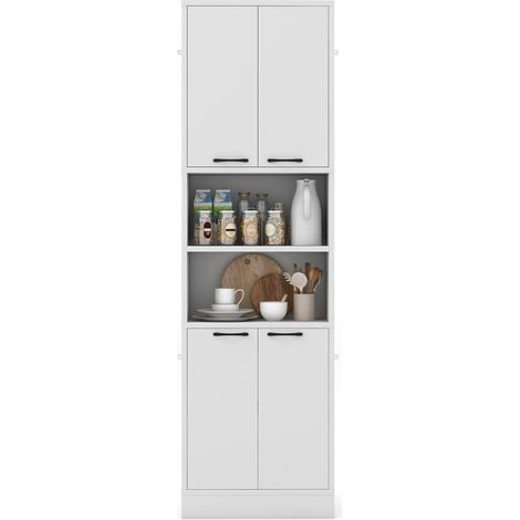 COSTWAY Credenza da Cucina Salvaspazio 56 x 30 x 190cm, Mobile Buffet Alto con 2 Armadi a Doppia Porta e 2 Mensole Aperte, Mobiletto Multiusuo per Soggiorno, Camera da letto e Bagno (Bianco) (1/5)