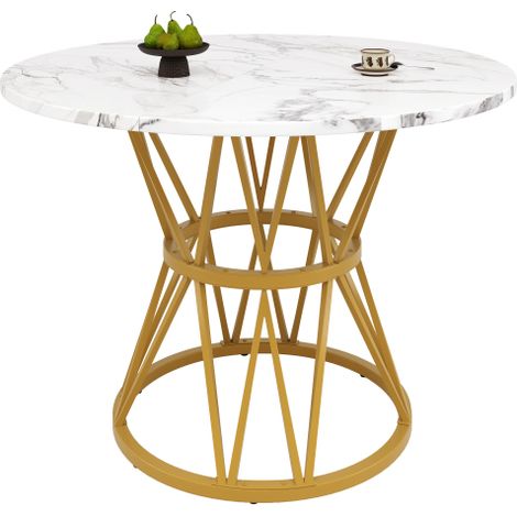 Table ronde 100x100 cm marbre MDF doré, 4 personnes, pieds métal (1/5)