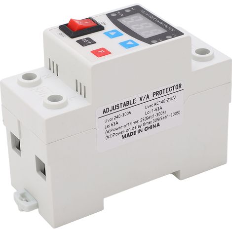 Disjoncteur protecteur de surtension et sous-tension 63A, rail DIN réglable 240V-300V, affichage unique, réarmement automatique, protection contre surcharges et pics de tension, interrupteur intégré. (1/5)