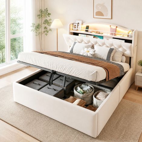 Cama con almacenaje 140x200 cm con LED, USB/USB-C y cabecero con almacenaje, beige OKMYHOME (1/5)