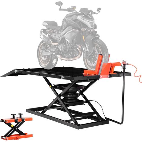 Cric de Moto avec Capacité de Charge 680 kg, Pont Élévateur Pneumatique Hauteur de Levage 18-94 cm, Table de Levage de Moto Stable avec Établi Amovible, pour Entretien Réparation Quad VTT