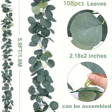 Guirlande de 2 branches d'eucalyptus artificiel, 180 cm de feuillage artificiel, guirlande de fleurs artificielles, fausses lianes d'eucalyptus, feuilles d'eucalyptus pour arche murale, décoration de (1/4)