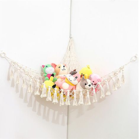 Filet suspendu en macramé pour ranger peluches, hamac mural pour jouets en peluche, organisateur doux pour chambre bébé, support à doudous, décoration nursery (1/2)