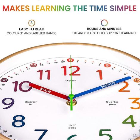 Horloge d'apprentissage pour enfants, horloge murale silencieuse de 25 cm (10 pouces), à piles, avec couleurs, petite horloge analogique. (1/3)