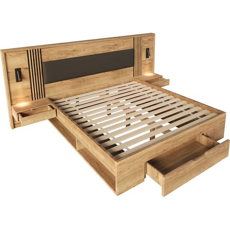 Lit double 180x200 cm en bois naturel avec rangement, lampe de lecture, 2 chevets et tiroirs, lit adulte/adolescent