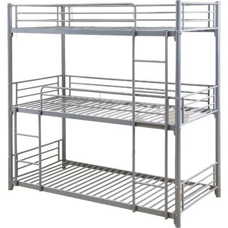 Pack: Lit superposé en métal TRIPLE 3 étages + Matelas compris 3 couchages 90x190 cm gris (1/4)
