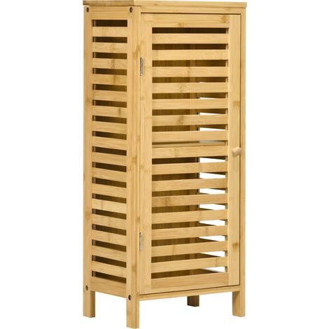 Meuble de salle de bain avec porte à lattes, étagère réglable, bambou naturel, 30 x 19,9 x 70 cm (1/5)