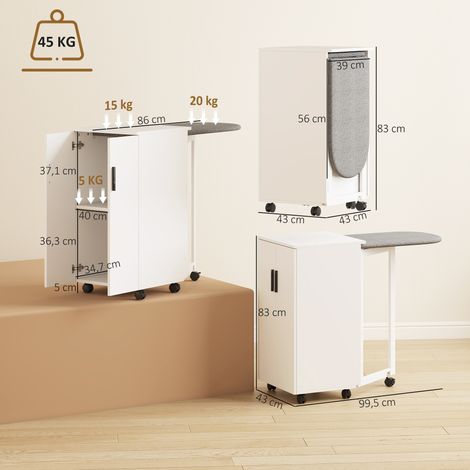 2-in-1 faltbarer Bügelbrettschrank auf Rollen mit Bügelbrett und verstellbarem Regal für kleine Räume, Weiß (1/5)