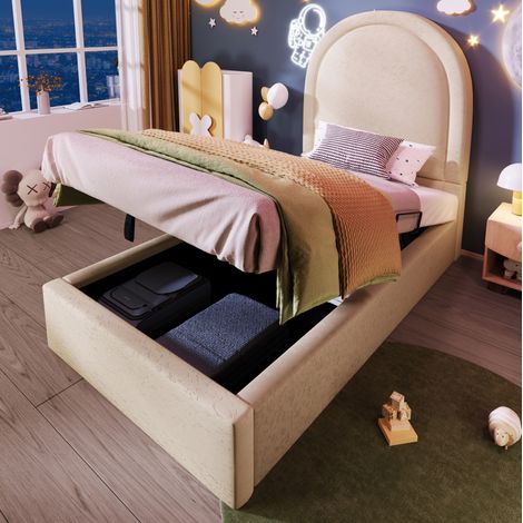 Lit simple enfant rembourré avec rangement et matelas 90x200 cm, PU beige, tête de lit demi-cercle motif fantaisie (1/5)